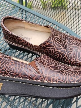 Alegria Brown Leather Floral Embossed Slip-On Mules